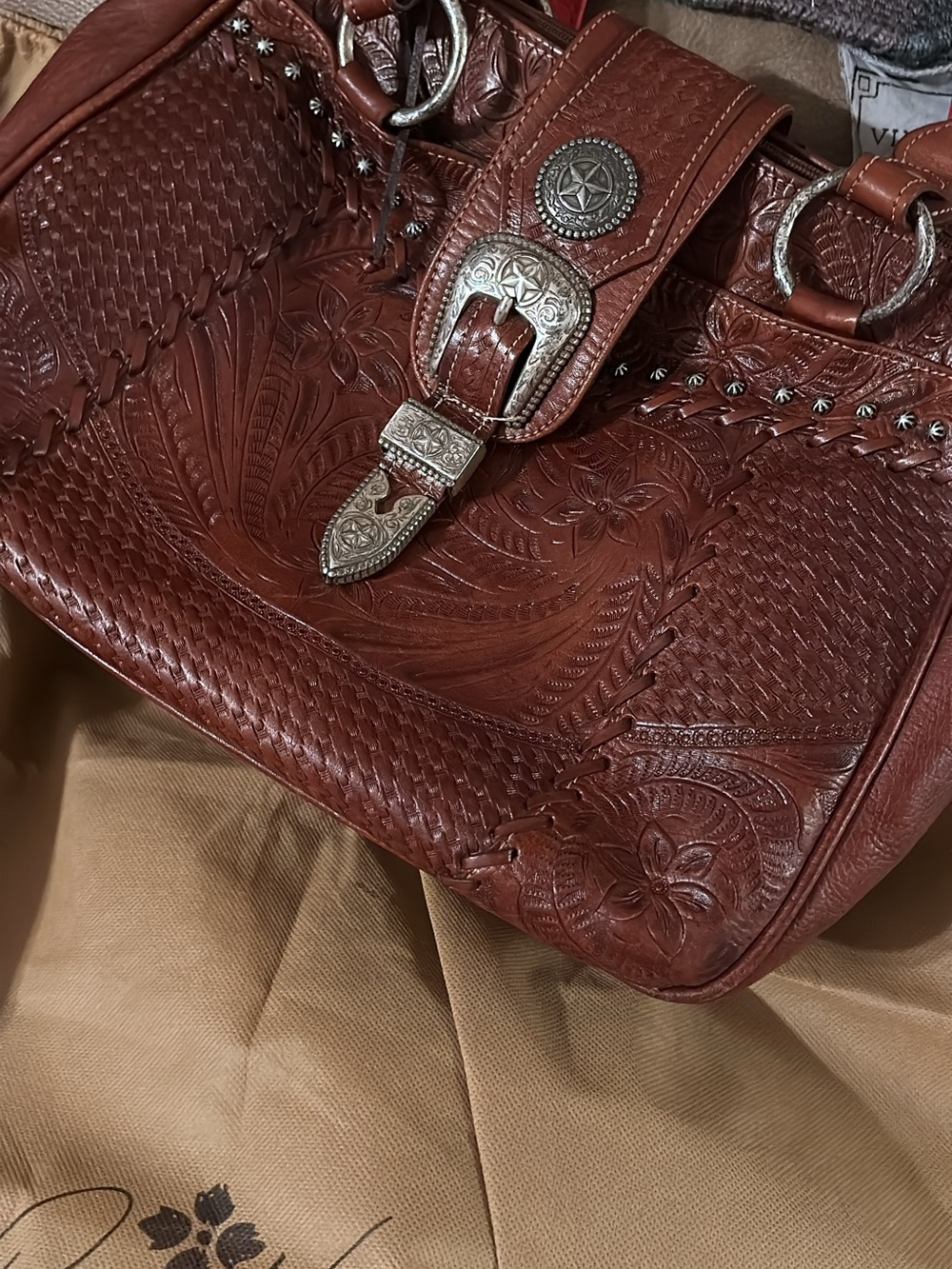 American West Tooled Brown Leather Shoulder Bag with Silver Accents